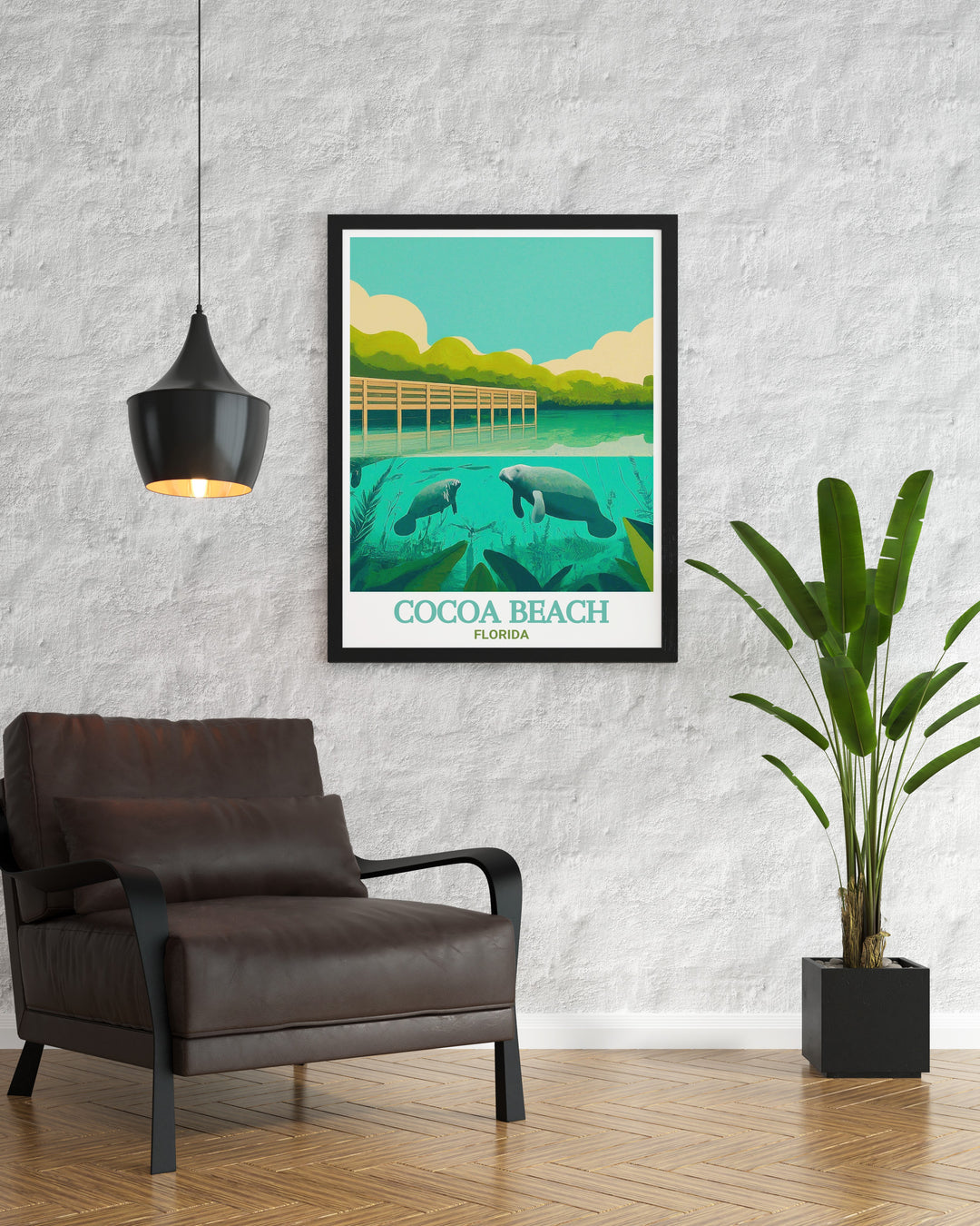 A beautifully detailed poster print of Cocoa Beach, Florida, featuring the serene landscapes of Manatee Sanctuary Park. This travel poster captures the essence of Floridas coastal beauty, making it a perfect addition to any beach themed decor, showcasing lush greenery, inviting pathways, and tranquil waters.