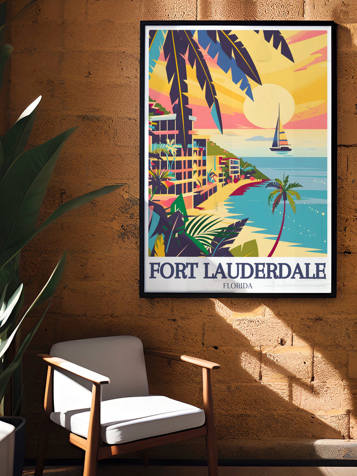 Fort Lauderdale Beach Travel Print offering a picturesque look at the famous shores of Fort Lauderdale, ideal for decorating your space with the essence of a beachside paradise.