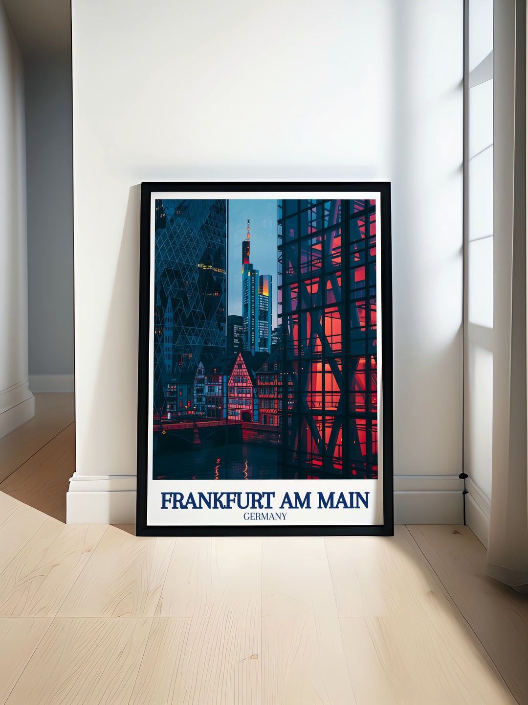 Vibrant Frankfurt am Main print showcasing the iconic Commerzbank Tower and the historic Romerberg square perfect for adding a touch of modern elegance to your home decor with stunning Germany art