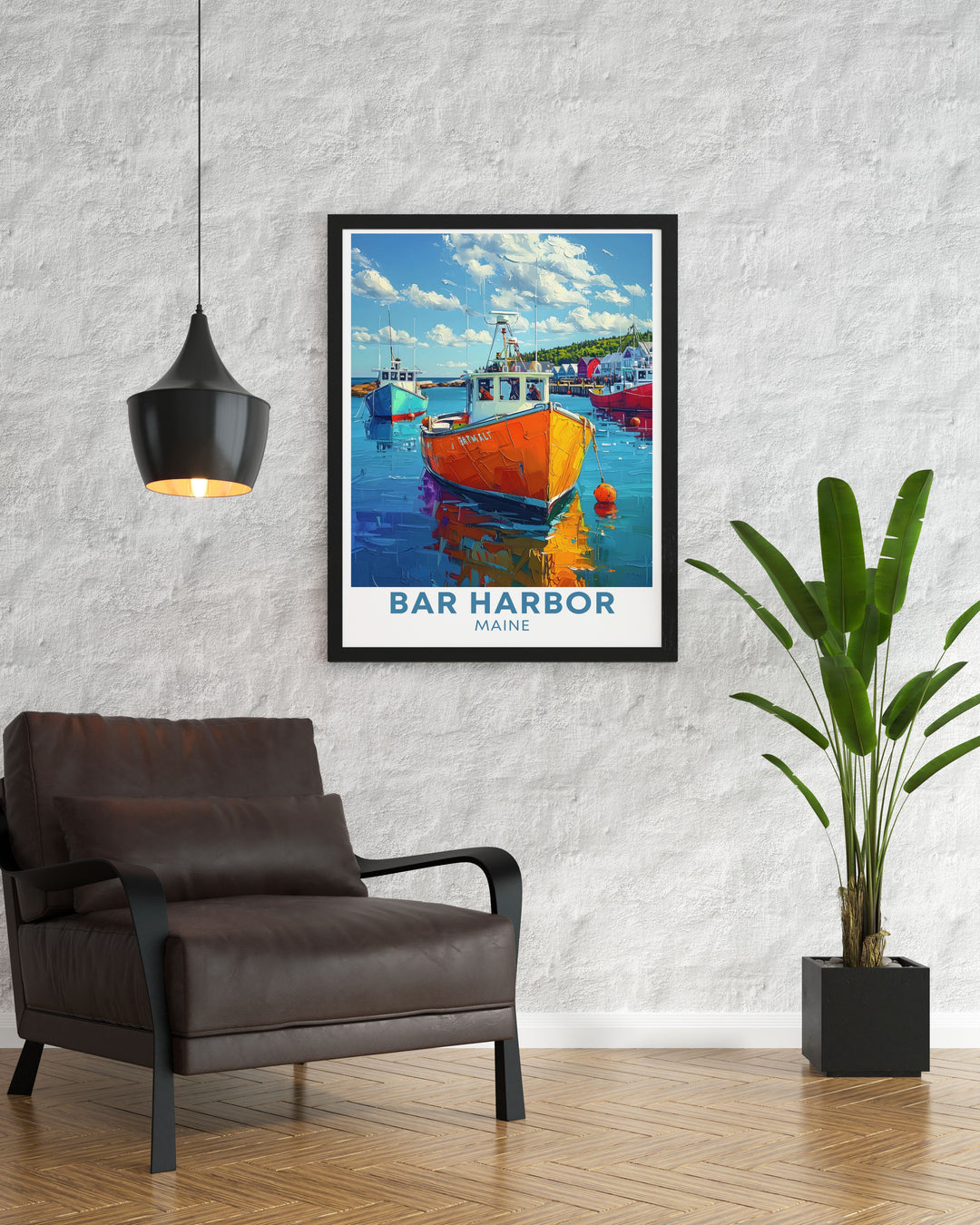 Featuring the vibrant streets and historic landmarks of Bar Harbor, Maine, this travel poster is perfect for those who appreciate the cultural and historical richness of this coastal town.