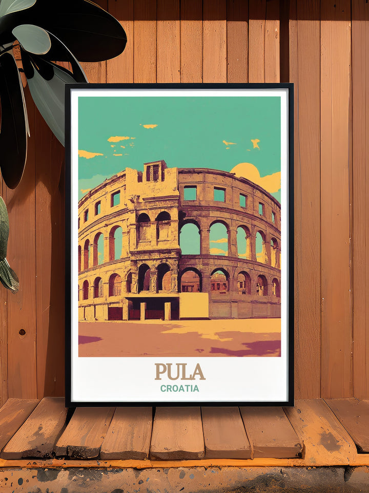 A detailed art print showcasing the Pula Arena, one of the best preserved Roman amphitheaters in the world, located in Pula, Croatia. The artwork captures the ancient grandeur of this historical site, making it a perfect piece for history enthusiasts and art lovers alike.