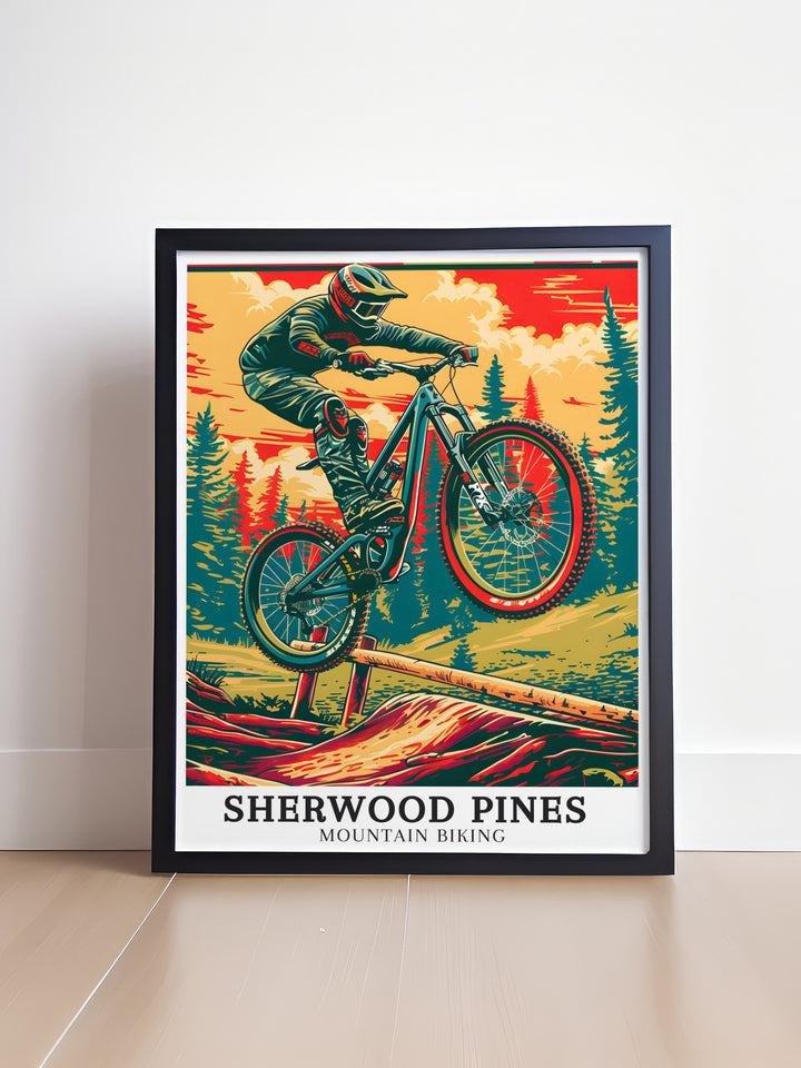 Pulpit Jump travel wall art showcasing the challenging routes and scenic beauty of Sherwood Pines in Nottinghamshire. These art pieces are a beautiful addition to home decor, offering a visual escape to the thrilling experiences of the Pulpit Jump. Ideal for mountain biking enthusiasts, these prints bring the charm of Sherwood Pines into your living space.