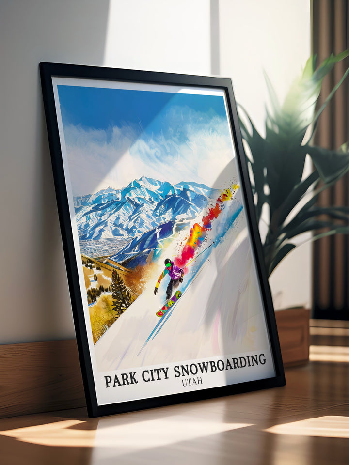 Park City Utah prints. Celebrating the scenic beauty and thrilling adventures of Park City Mountain Resort, these prints are perfect for anyone who loves the snowboarding lifestyle.