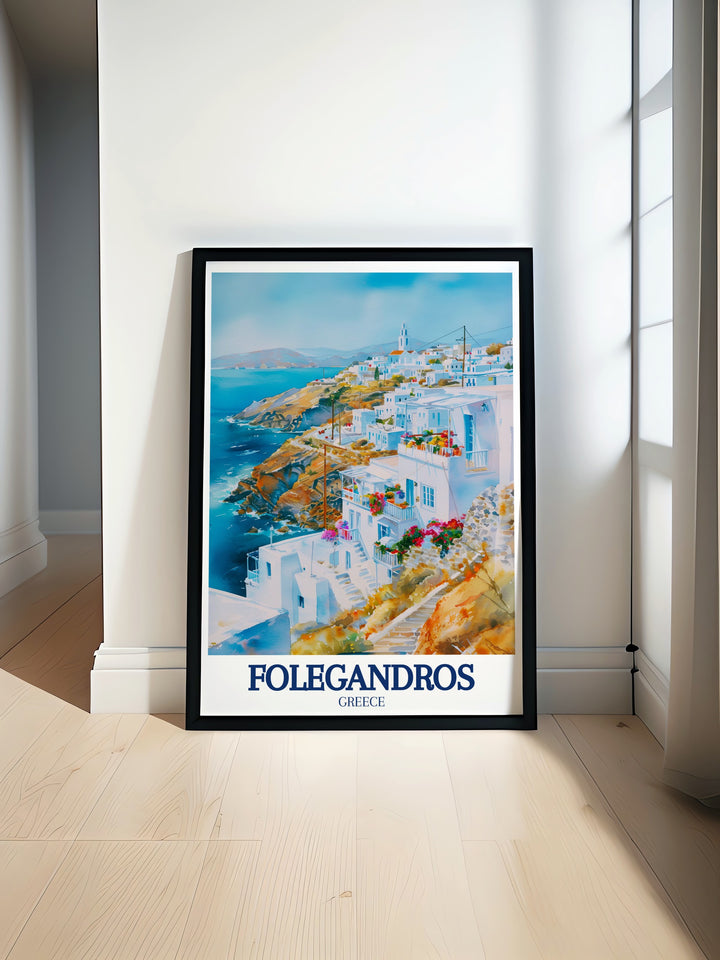 Chora canvas art depicting the traditional white washed buildings and narrow streets of Folegandros. This vintage poster captures the essence of the islands main town, offering a beautiful piece of Greece wall decor.