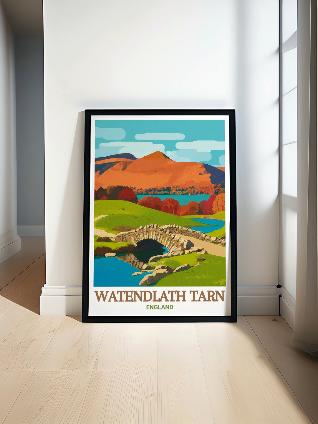 Ashness Bridge in the Lake District captured in a vintage travel print featuring the serene Watendlath Tarn and picturesque Watendlath Hamlet ideal for elegant home decor