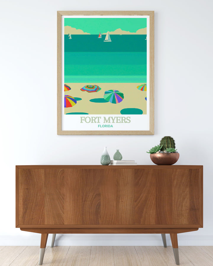 Travel art print of Fort Myers Beach featuring detailed illustrations of the pristine sands and gentle waves. This Florida gem brings the charm of Fort Myers into your home, making it a perfect addition for those who appreciate coastal landscapes.