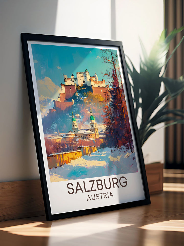 Stunning view of Hohensalzburg Fortress in Salzburg. Add this vintage travel print to your collection. Perfect for home decor and fans of Austrian history. The vibrant colors capture the beauty of one of Austrias most iconic landmarks