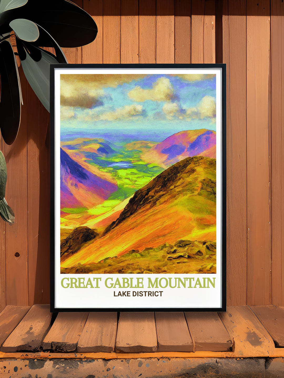 Our Great Gable Summit travel print captures the exhilarating experience of standing at the peak of this majestic mountain. The artwork emphasizes the panoramic views of Wasdale and the rolling hills that surround Great Gable, offering a reminder of the adventure and beauty that the Lake District offers. This piece is perfect for those who cherish outdoor exploration and natural landscapes.