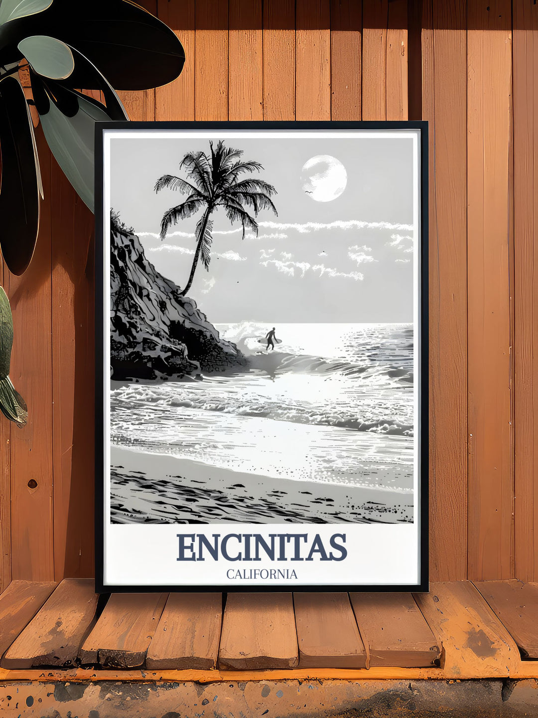 Home decor print of Moonlight Beach, Swamis Surf Spot showcasing the vibrant colors and serene ambiance of Encinitas Beach ideal for adding a touch of California style to any room detailed cityscape and skyline
