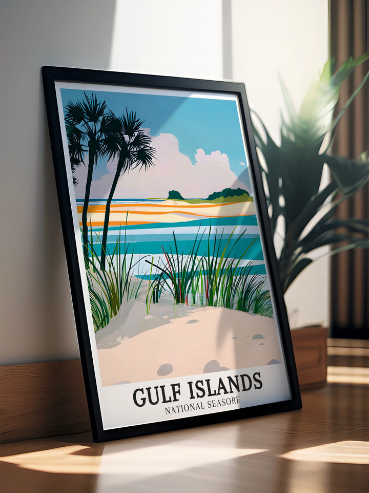 This Pensacola Bay travel print brings the tranquil beauty of the bay into your home. Known for its calm waters and scenic surroundings, Pensacola Bay is one of Floridas most beloved coastal destinations. This print is perfect for anyone who has visited or dreams of visiting this serene location.