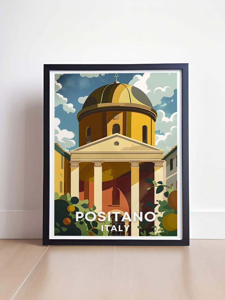 Positano wall art with a detailed depiction of The Chiesa di Santa Maria Assunta ideal for enhancing your wall decor with a piece of Italys cultural heritage this art print adds elegance and charm to your living space