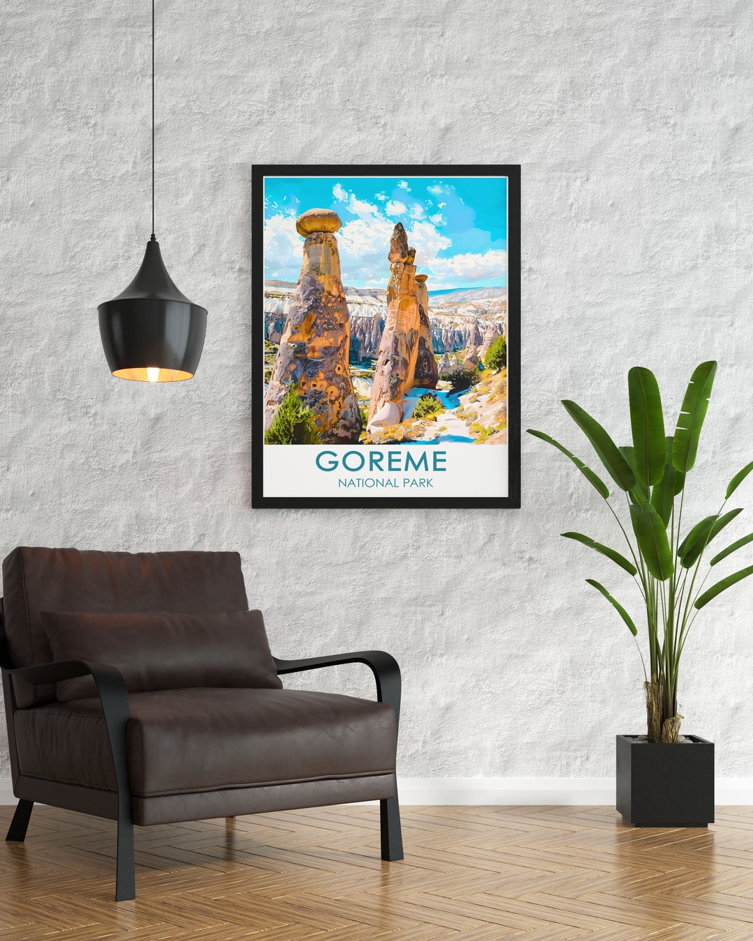 The detailed illustration of Goreme National Parks Fairy Chimneys and the serene hot air balloons creates a captivating piece of wall art, celebrating the unique natural beauty of Cappadocia, Turkey, and bringing a sense of adventure to your decor.