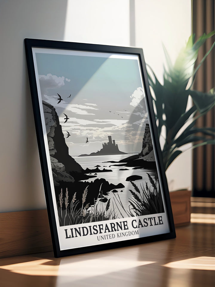 Lindisfarne Causeway Travel Poster focusing on the picturesque causeway leading to Lindisfarne Castle, with the North Sea gently embracing the shore. This travel poster is a stunning reminder of the tranquil beauty of Holy Island, perfect for adding a touch of serenity to your decor.