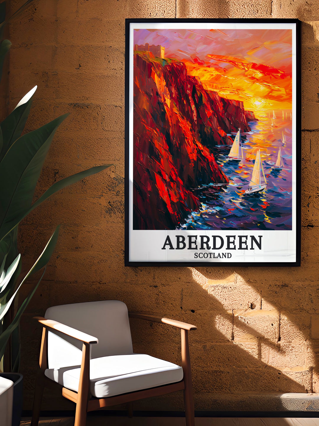 Aberdeen Poster showcasing the stunning landscape of Dunnottar Castle against the backdrop of the North Sea. This vintage style poster offers a timeless depiction of Scotlands historic landmarks, perfect for adding a touch of Scottish charm to your home decor