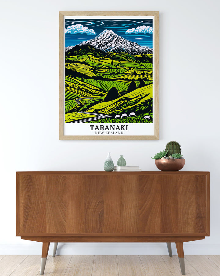 Mount Taranaki print showcasing the impressive peak within Egmont National Park ideal for perfect wall decor and adding a touch of New Zealands natural beauty to your space