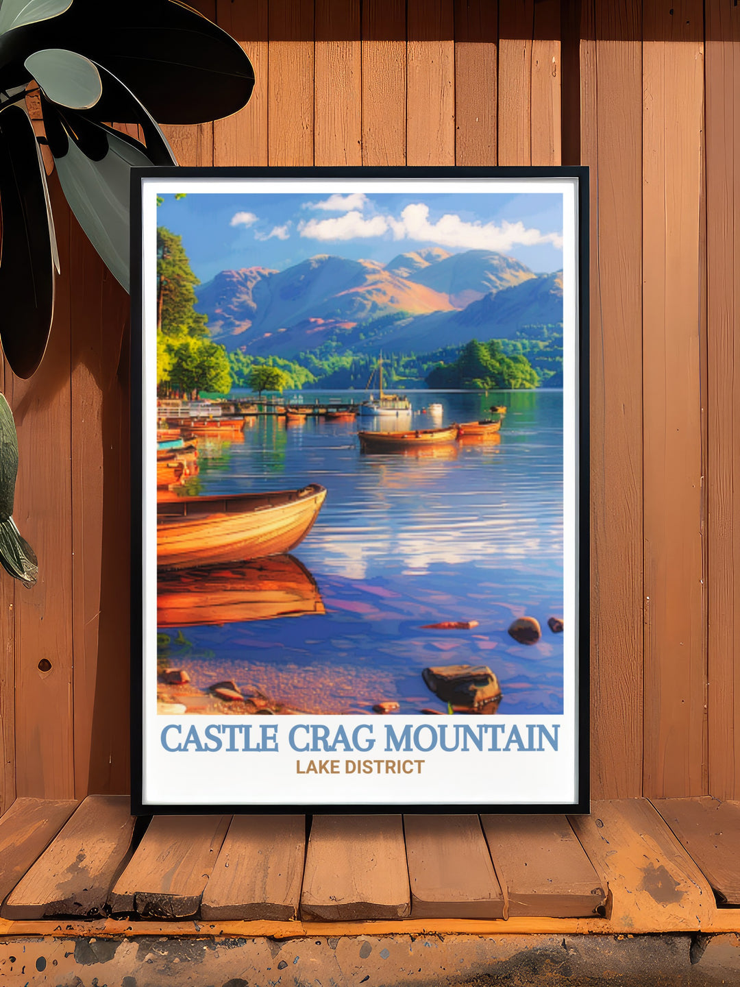 Cumbria travel poster capturing the stunning views of Castle Crag Mountain and Derwentwater, a must have for outdoor enthusiasts and nature lovers.