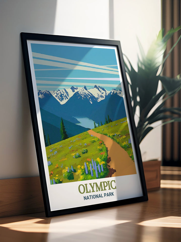 Step into the wild with this vintage National Park poster, capturing the timeless beauty and rugged charm of Olympic National Park. The retro inspired design and muted tones evoke a sense of nostalgia and appreciation for Americas preserved wilderness.