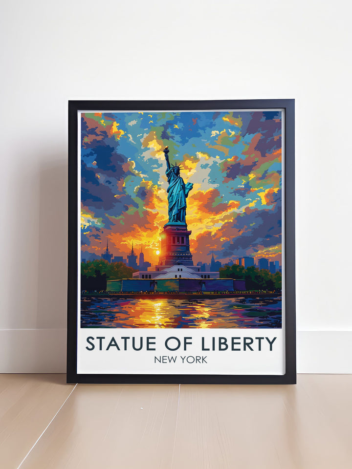 New York State poster featuring iconic landmarks such as the statue of liberty ideal for travel lovers and those who appreciate New York State art and decor