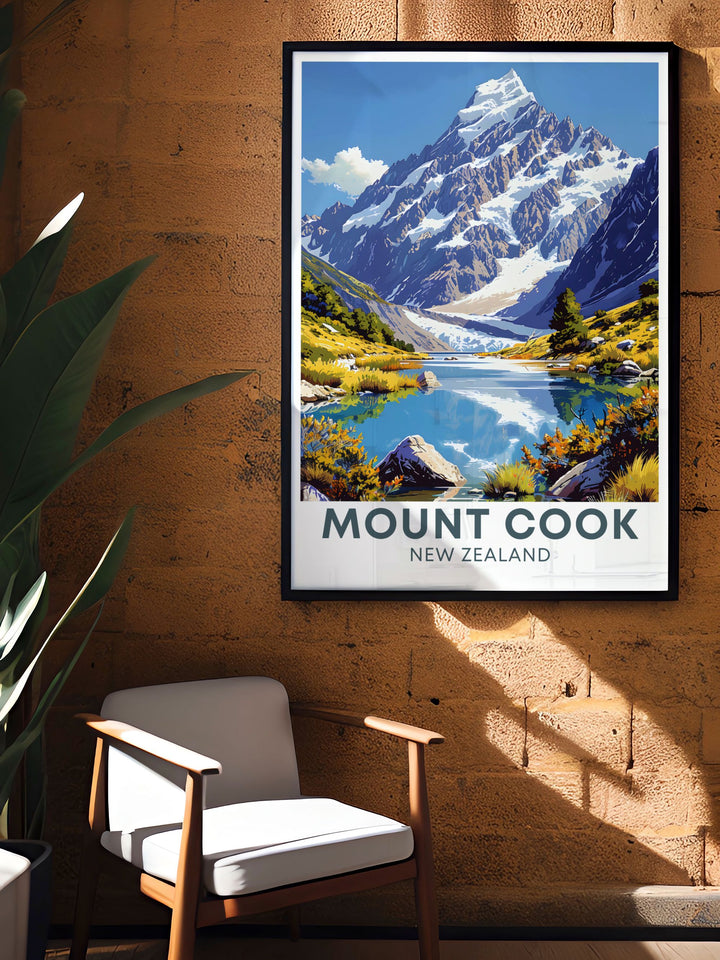 Unique Hooker Valley Track wall art that features the stunning beauty of New Zealand perfect for enhancing your home decor with a touch of the natural world and ideal for those who appreciate vintage travel posters and national park artwork