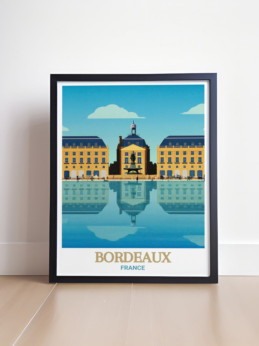 A detailed art print of Bordeauxs Place de la Bourse, capturing the classical architecture and historical significance of this iconic French landmark. The artwork highlights the symmetry and ornate details of the square, making it a stunning addition to any home decor