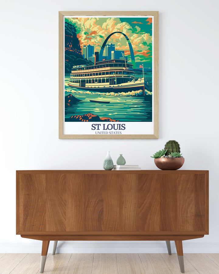 Exquisite St Louis poster featuring Mississippi River and Gateway Arch ideal for adding elegance to your living room decor or gifting to art lovers and city enthusiasts vibrant and detailed artwork that celebrates the charm of St Louis landmarks