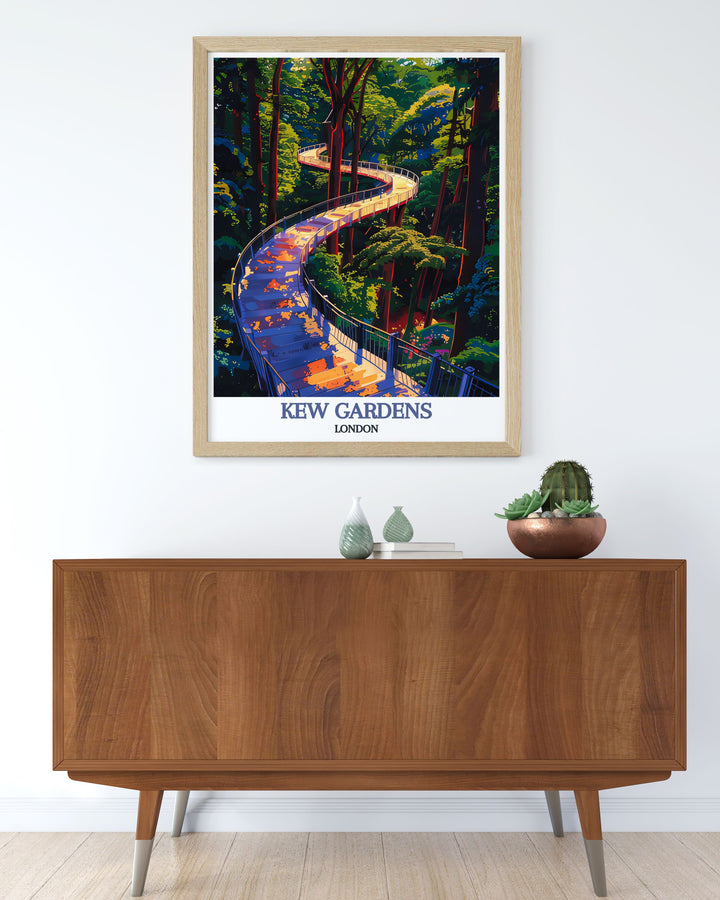 The thrilling Treetop Walkway at Kew Gardens, standing 18 meters high and spanning 200 meters, is highlighted in this travel poster. Ideal for those who appreciate adventure and natural beauty, this artwork captures the excitement of the walkway.