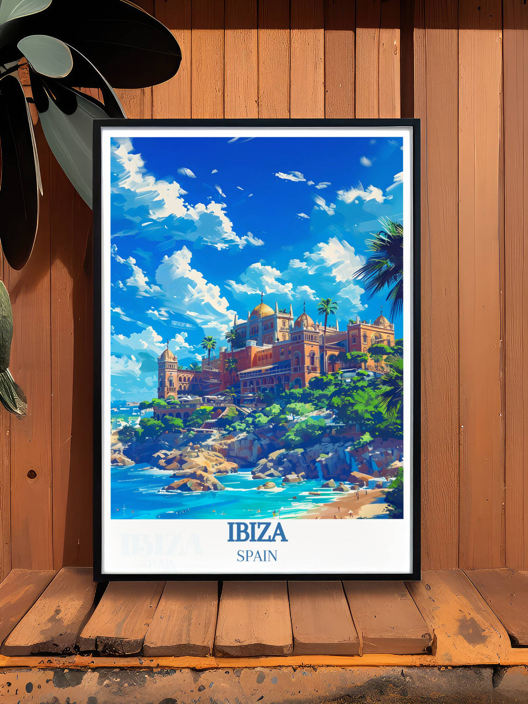 Ibiza Travel Poster capturing the essence of San Antonio Ibizas nightlife and the peaceful Cala d Hort Beach a perfect framed print for those who love Ibizas vibrant club scene and relaxing beach atmosphere