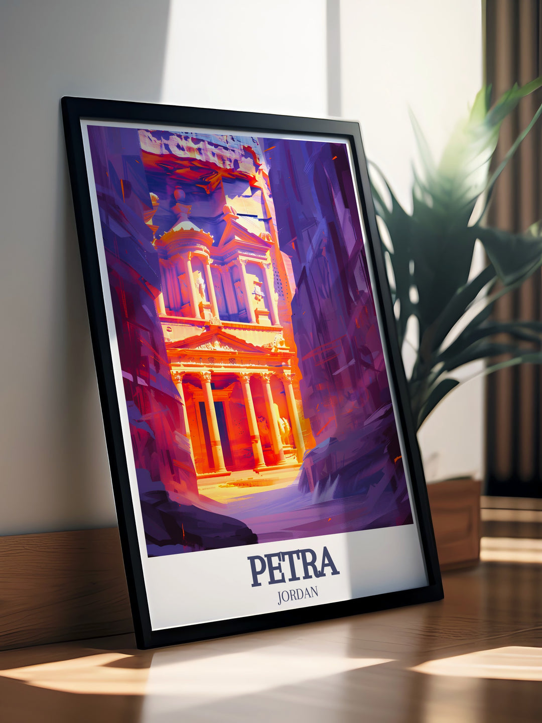 Petra Poster Print featuring the iconic landmarks of The Siq and The Treasury. This travel print brings to life the ancient city of Petra, capturing the dramatic entrance through The Siq and the intricate carvings of The Treasury, perfect for history lovers and travelers.