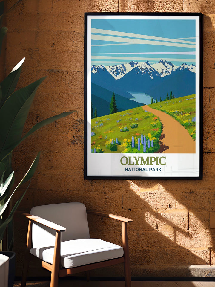 Bring the majestic beauty of Olympic National Park into your home with this travel poster, highlighting the parks iconic Hurricane Ridge and its breathtaking views. The detailed composition and vibrant palette capture the essence of this beloved destination, making it an inspiring addition to any room.