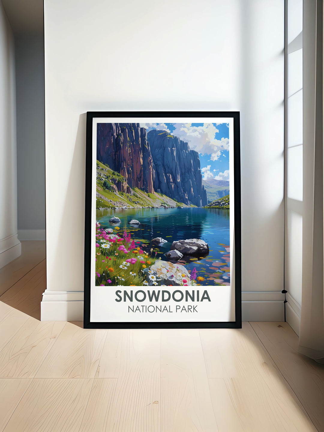 Travel poster featuring the breathtaking landscape of Snowdonia with a stunning view of Cwm Idwal perfect for home living decor and nature enthusiasts an ideal Snowdonia gift for those who love mountain art and National Parks