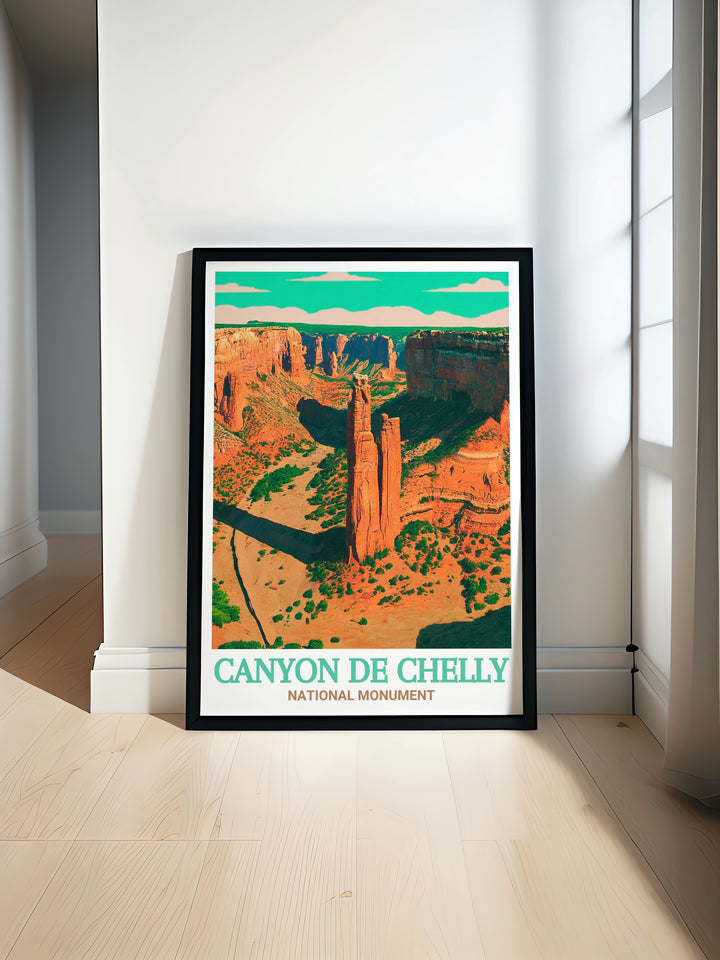 Discover the majestic beauty of Canyon de Chelly National Monument with this detailed art print, capturing the towering cliffs and the iconic Spider Rock. Perfect for adding a touch of Arizonas rugged landscape to your home decor.