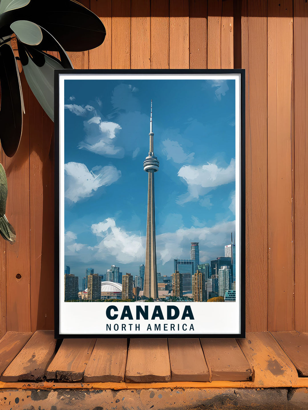The picturesque scenery of Toronto with the CN Tower as the focal point is featured in this vibrant travel poster, perfect for adding Canada's unique charm to your home.