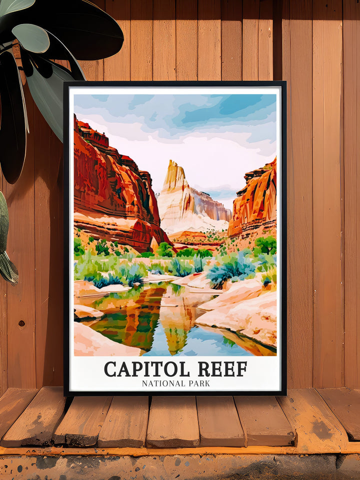 Capitol Reef Trail Print celebrates the adventure of hiking through Capitol Reefs Lower Muley Twist Canyon and the grandeur of the Waterpocket Fold. A great gift for outdoor lovers and national park enthusiasts.