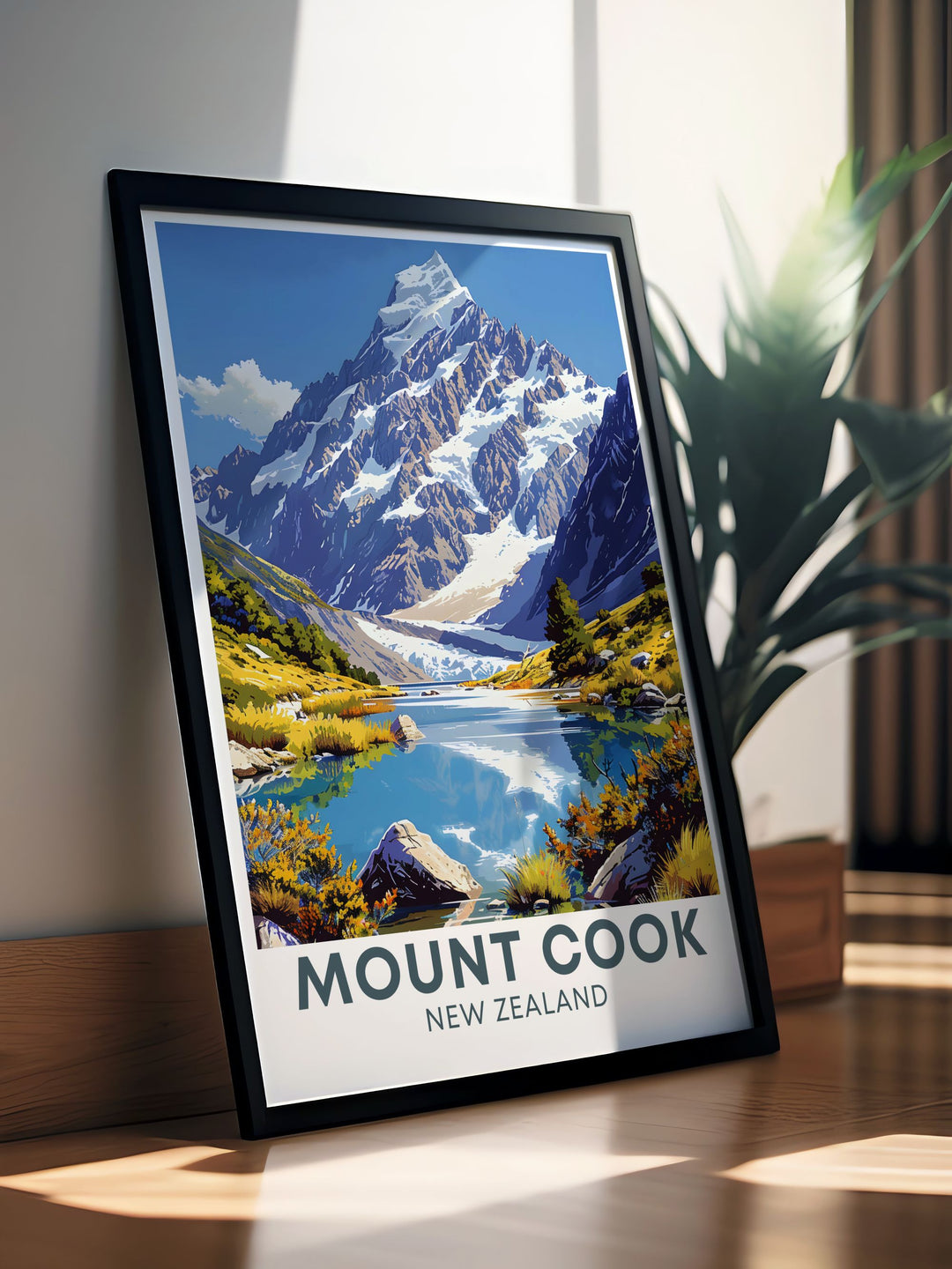 Elevate your home decor with this vintage travel print of Hooker Valley Track capturing the awe inspiring beauty of New Zealands South Island perfect for adding elegance and a sense of adventure to your living room bedroom or office