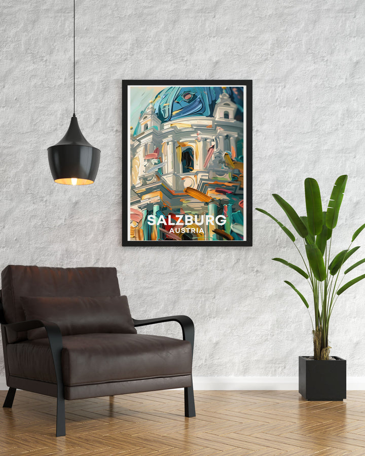 Enhance your home decor with a stunning vintage travel print of Salzburg cathedral and Zauchensee skiing. This print combines the elegance of the cathedral with the excitement of winter sports, making it a perfect addition to any room.