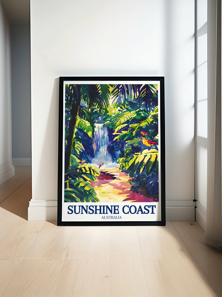 Vibrant Australia Poster featuring Sunshine Coast hinterland Twinfalls perfect for adding a touch of natural beauty to your home decor with stunning colors and serene landscapes