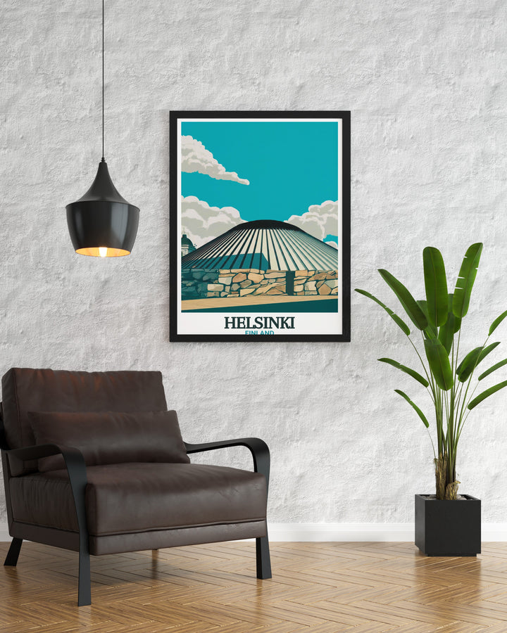 This Helsinki poster print captures the remarkable Temppeliaukio Church, a modern architectural marvel built into solid rock. With its copper dome and granite walls, this travel print is ideal for architecture lovers and those interested in Helsinkis unique landmarks.