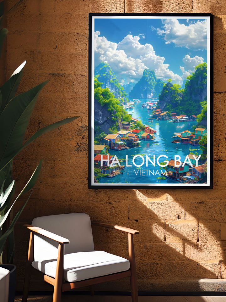 An intricate depiction of Ha Long Bays floating villages, this art print showcases the serene beauty and traditional lifestyle of the bays residents, bringing the charm of Vietnam into your living space.