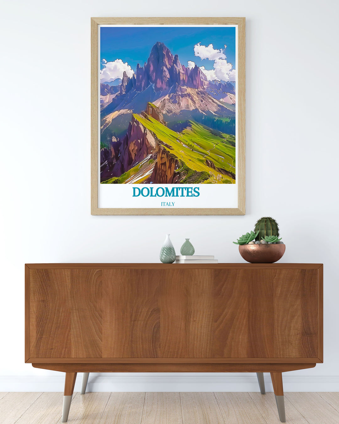 Framed art showcasing the stunning views of the Dolomites, capturing the natural splendor and alpine beauty of Italy’s iconic mountain range.