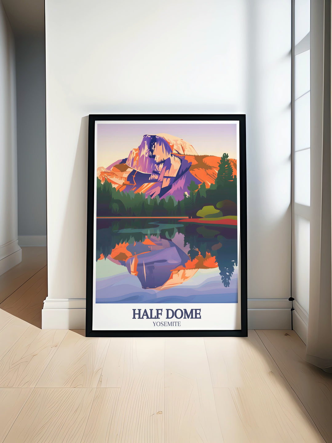 This Yosemite National Park wall art features the striking Half Dome and the serene waters of Mirror Lake. A timeless piece that brings the essence of one of Americas most beloved national parks into your home.