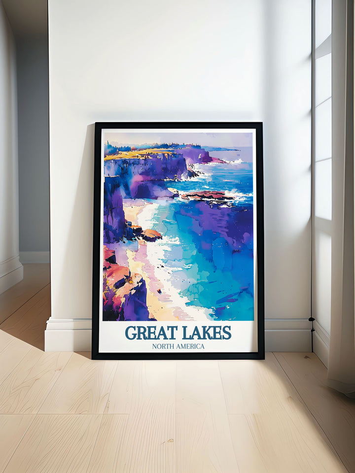Highlighting the scenic views of Lake Erie, this art print offers a captivating depiction of the lakes tranquil environment and beautiful sunsets, ideal for home decor.