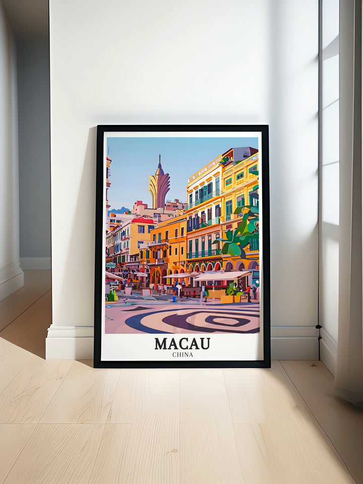 Discover the beauty of Macau with this stunning Macau Poster Print featuring the historic Senado Square Se landmarks Perfect for home decor or gifting this print adds a touch of cultural richness to any room with its vibrant colors and intricate details