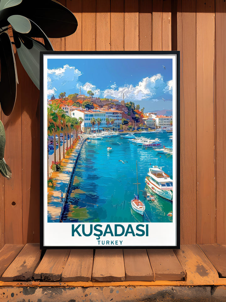 Bring the captivating view of Kuşadası Marina into your home with this beautiful Turkey travel print. This stunning Turkey wall art is perfect for any space and makes a thoughtful gift for anyone who loves Turkey art or unique travel prints.