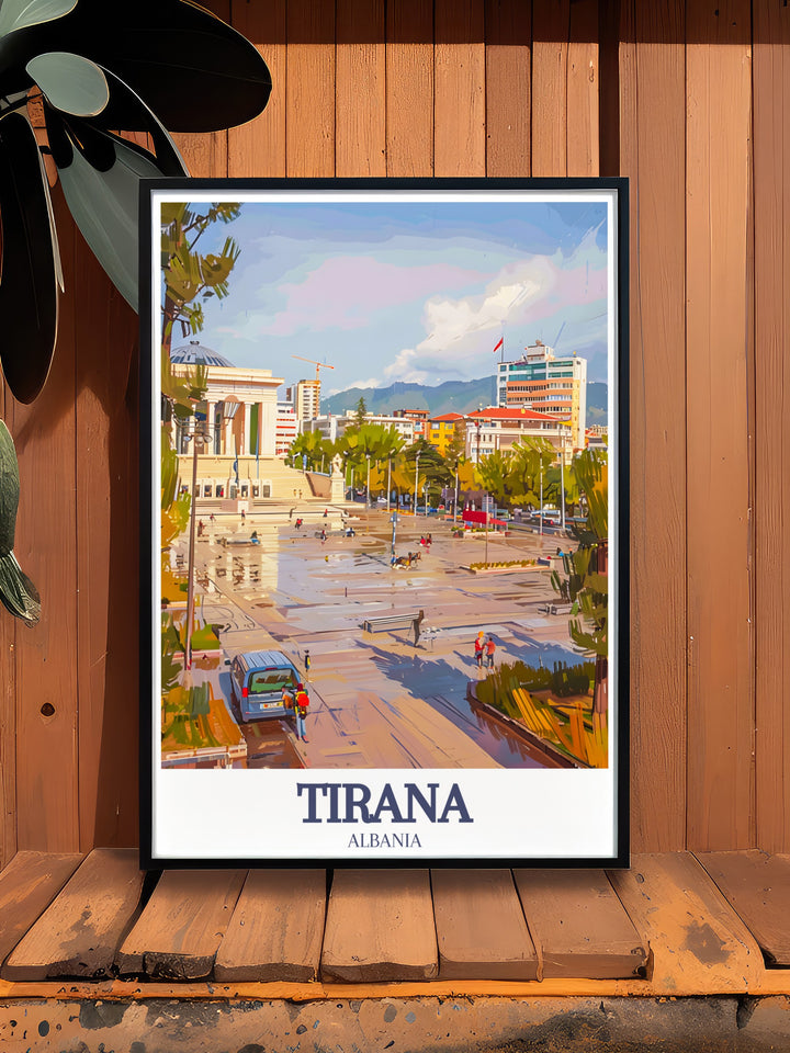 Tirana Poster showcasing Skanderbeg Square, Dajti Mountain a captivating piece of Albania Artwork that combines vintage charm with a contemporary aesthetic perfect for enhancing any room with its vibrant colors and intricate details a must have for art enthusiasts