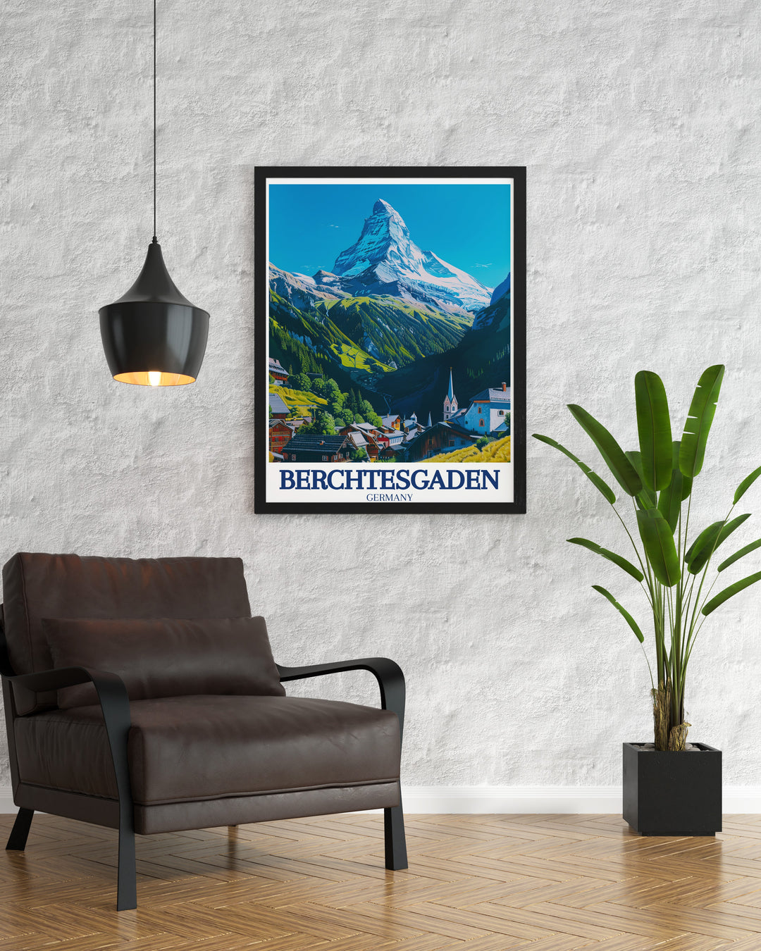 This Ramsau Village travel print beautifully depicts the timeless Bavarian church and rustic architecture, with Watzmann mountain rising in the background. A perfect piece for anyone inspired by Germanys alpine villages, this print brings nature and tradition together in one design.