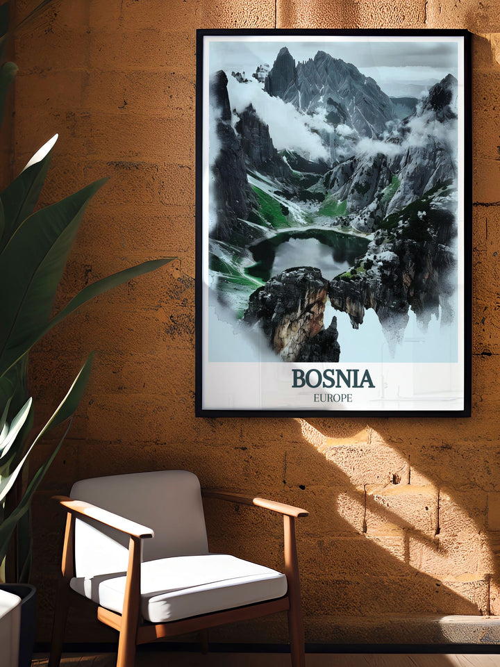 Add a piece of Bosnia to your home with this Sutjeska National Park, Maglić mountain, Trnovačko Lake Bosnia Poster Print. This artwork is perfect for anniversary gifts, birthday gifts, and Christmas gifts showcasing Bosnias natural beauty.