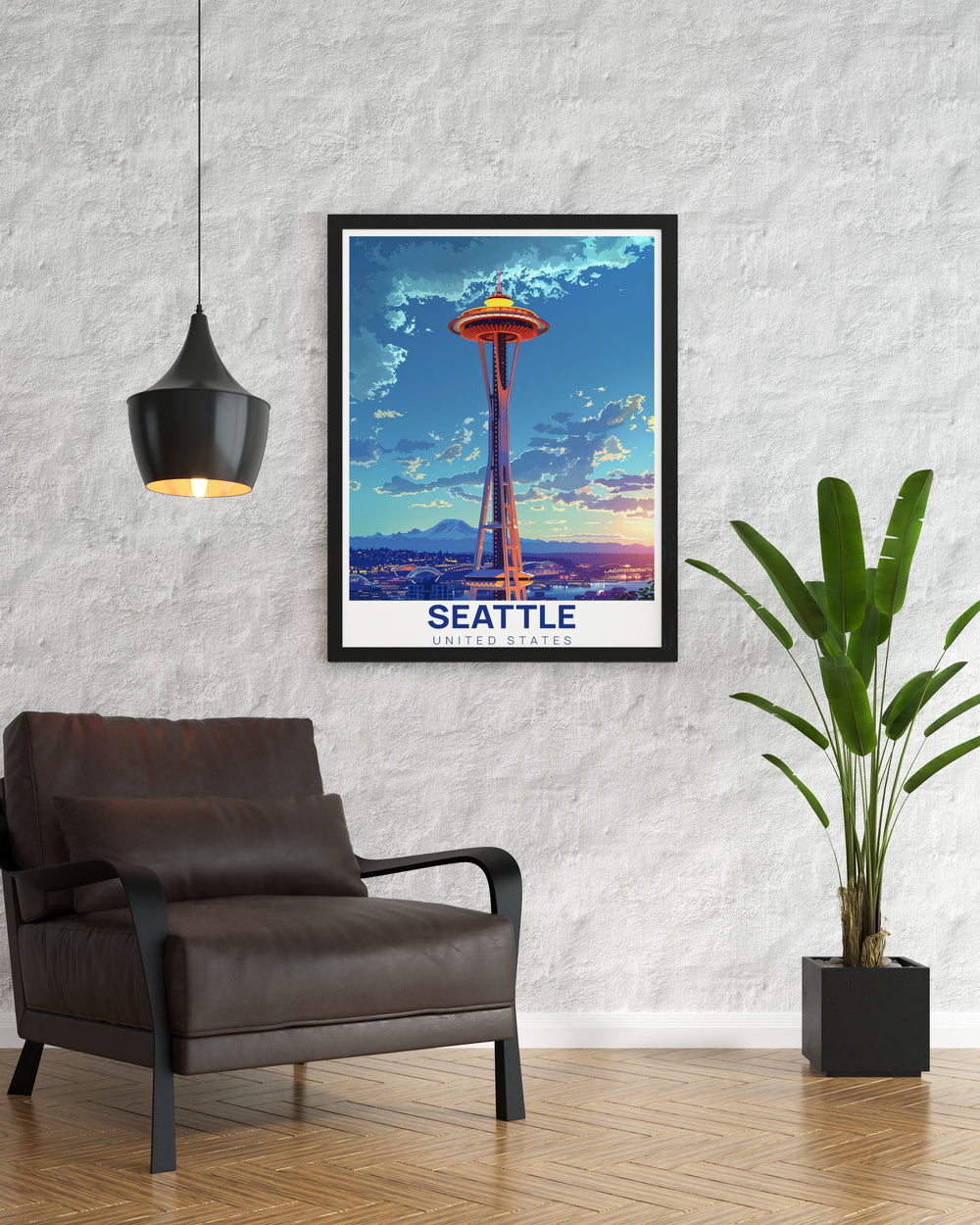 Elegant Seattle Wall Art featuring the Space Needle in a sleek modern print. Provides a stylish and sophisticated element to home decor with its vivid depiction of Seattles skyline. Ideal for creating a focal point in any room and celebrating the Pacific Northwests charm.