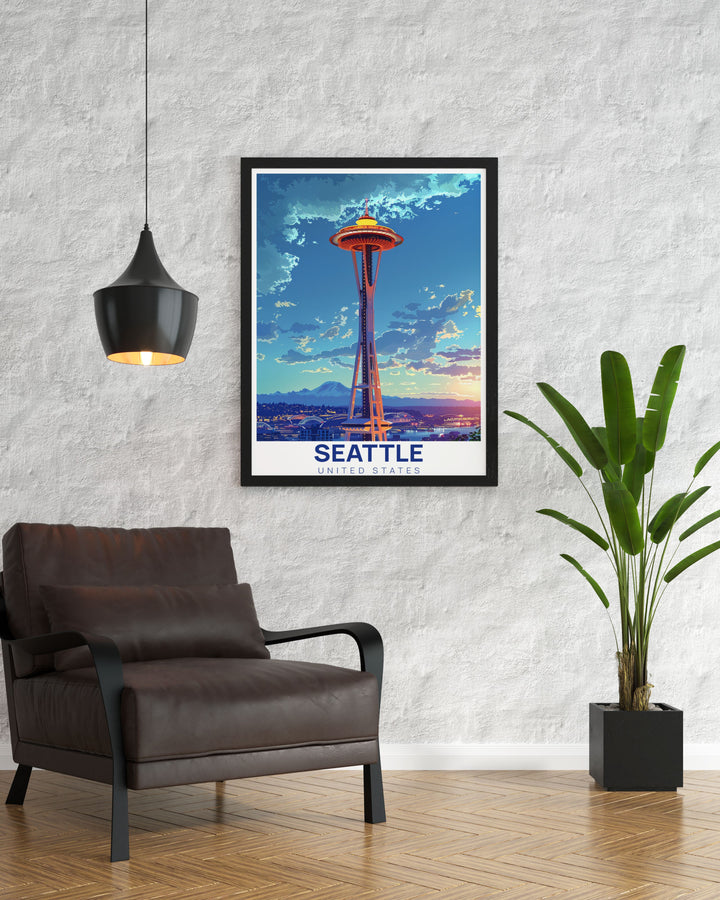 Elegant Seattle Wall Art featuring the Space Needle in a sleek modern print. Provides a stylish and sophisticated element to home decor with its vivid depiction of Seattles skyline. Ideal for creating a focal point in any room and celebrating the Pacific Northwests charm.