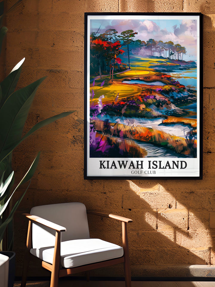 Vintage poster of South Carolina featuring the renowned Kiawah Island and its Ocean Course known for hosting major tournaments like the PGA Championship a timeless addition to any golf themed decor