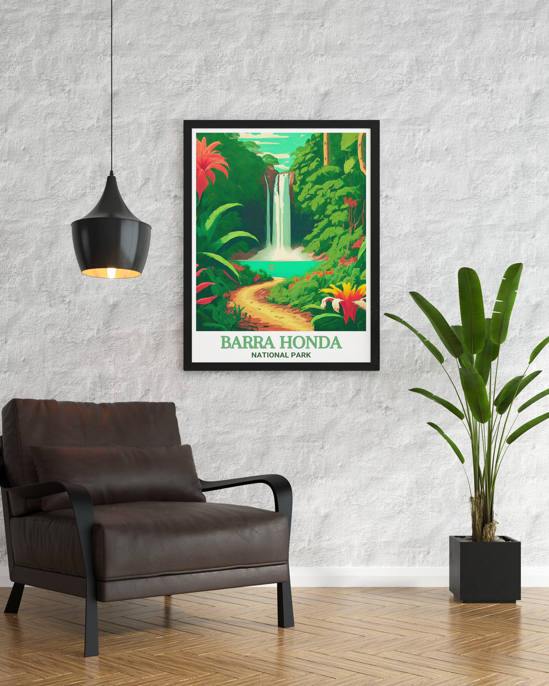 La Cascada Trail Decor offers a serene depiction of the lush forests and waterfalls along La Cascada Trail in Barra Honda National Park. This Costa Rica travel poster is perfect for anyone who loves the outdoors, adding a touch of natures beauty to your home.